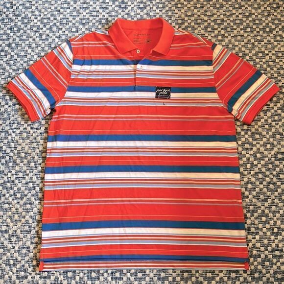 NWT Saddlebred Men’s Large Salmon Pink/Blues/White Striped Relaxed Fit Polo - Picture 9 of 9